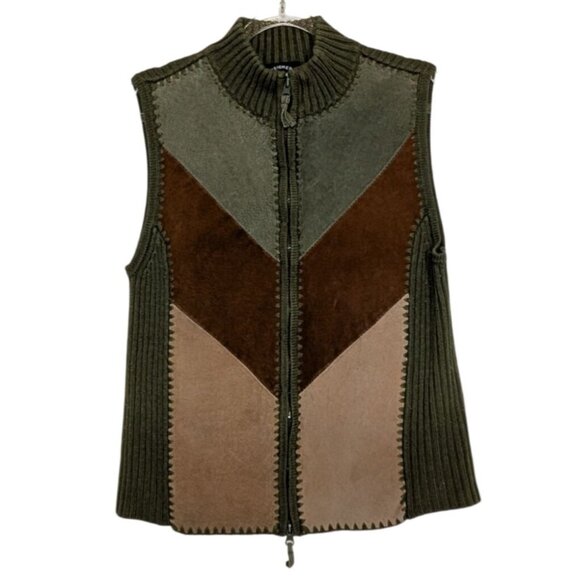 Leather Patchwork Vest Womens Size Medium Green Ribbed Knit Full Zip Boho - Picture 1 of 8